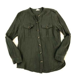 a.n.a Hunter Green Crinkle Gauze 100% Cotton Long Sleeve Button Down Shirt Small
